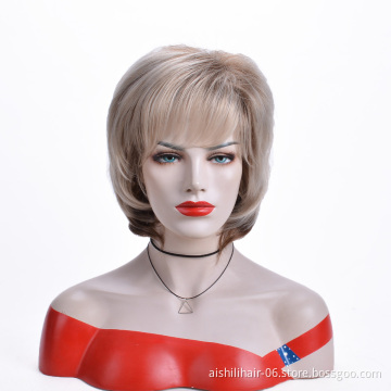 Aishili cheap short gray blonde with brown bob hair wigs straight wigs synthetic hair wigs for women